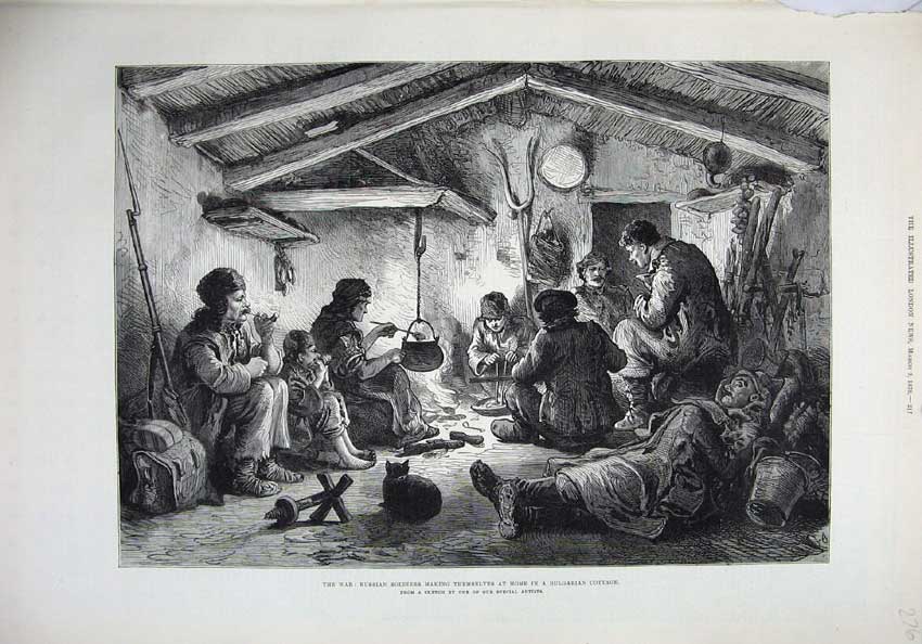 Original Old Antique Print 1878 War Russian Siers Bulgarian Cottage Fine Art