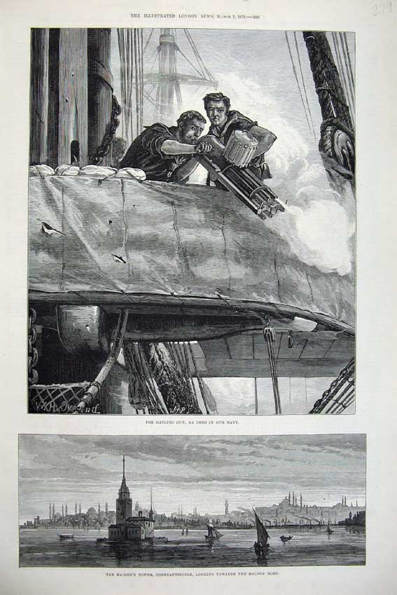 Old Antique Print 1878 Maiden'S Tower Constantinople Gatling Gun Navy Art 19th