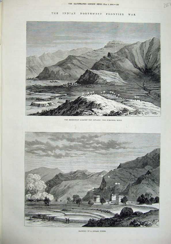 Original Old Antique Print Indian War 1878 Surgosha Ridge Blowing Jowaki Tower