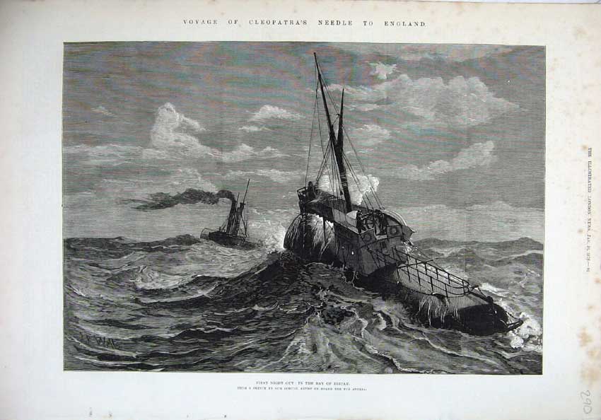 Old Antique Print 1878 Bay Biscay Sailing Ship Stormy Sea Tug Anglia Art 19th