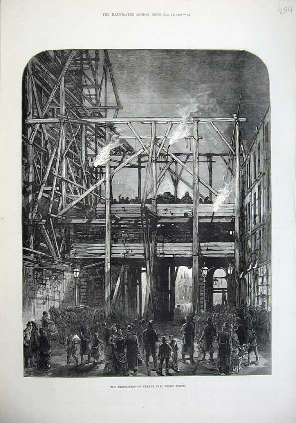 Old Antique Print 1878 Fine Art Demolition Temple Bar Night Scene People 19th