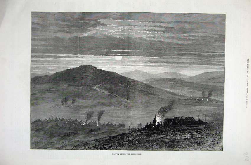 Old Antique Print 1878 Fine Art Plevna Surrender Mountains Moonlight Fire 19th