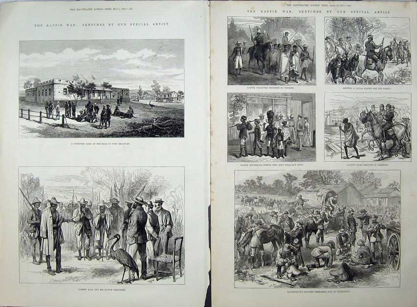 Old Antique Print Kaffir War 1878 Farmer Hall Prisoners Rautenbach Army 19th