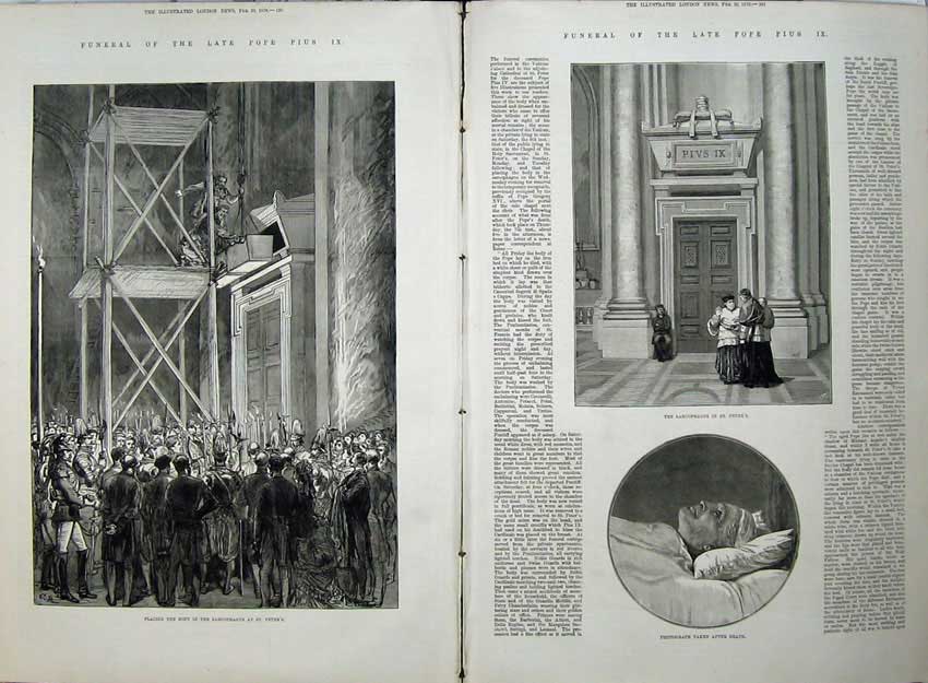 Old Antique Print 1878 Funeral Pope Pius Sarcophagus St Peter'S Church 19th