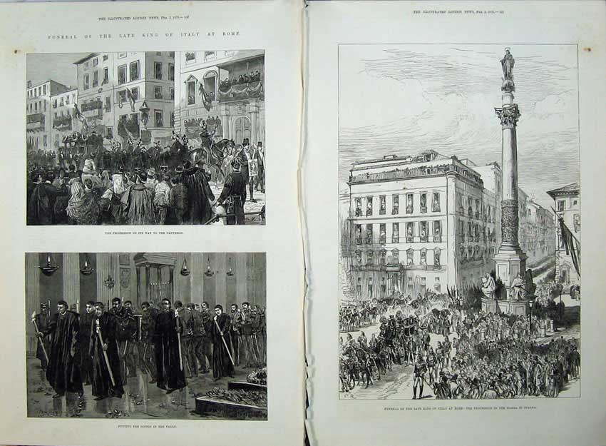 Antique Old Print Funeral King Italy Rome 1878 Piazza Spagna Coffin Vault 19th