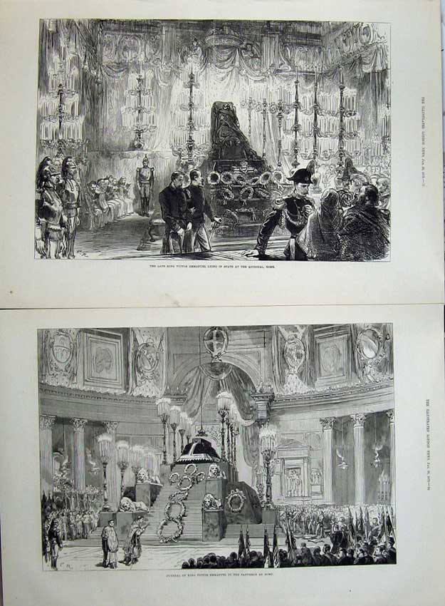 Original Old Antique Print 1878 Funeral King Emmanuel Pantheon Rome Quirinal