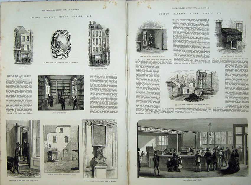 Original Old Antique Print 1878 Child'S Banking House Temple Bar MarygCrest
