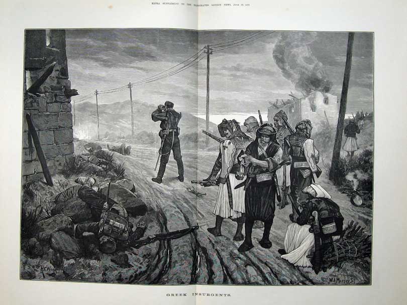 Original Old Antique Print 1878 Fine Art War Greek Insurgents Army Woodville