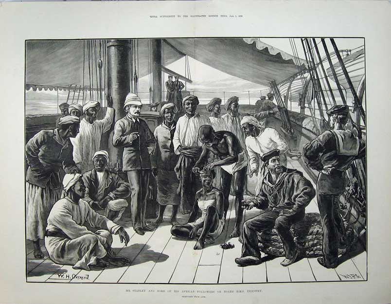 Old Antique Print 1878 Stanley African Followers Ship Industry Fine Art 19th