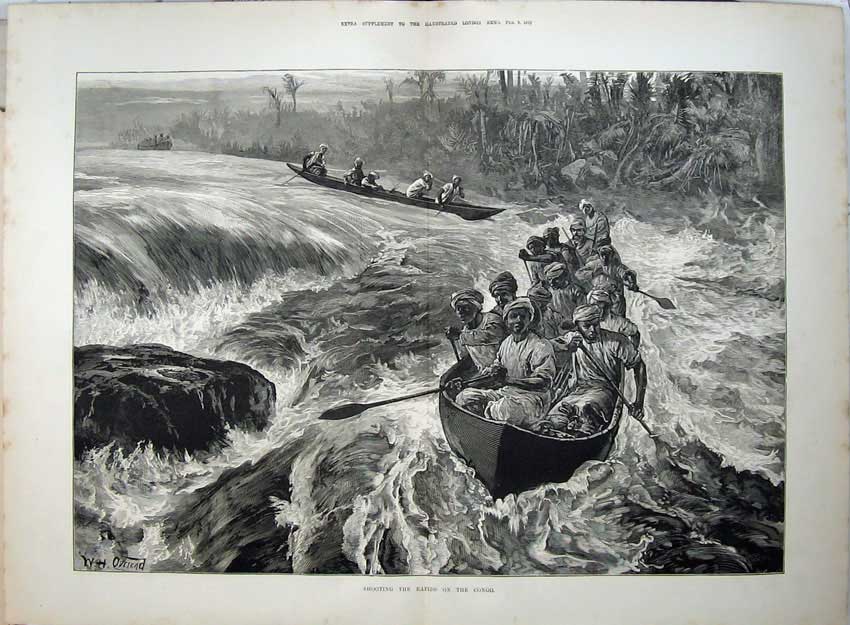 Original Old Antique Print 1878 Men Boats Shooting Rapids Congo River Fine Art