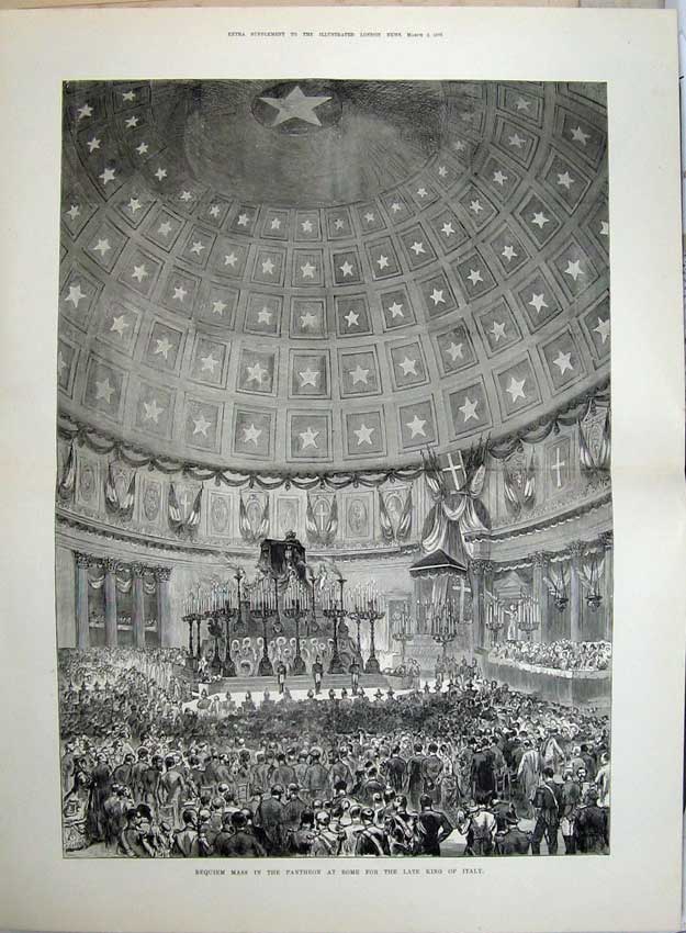 Original Old Antique Print 1878 Requiem Mass Pantheon Rome King Italy 19th