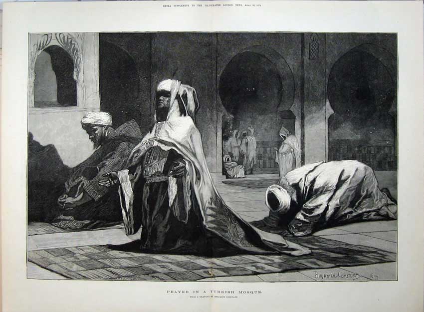 Original Old Antique Print 1878 Fine Art Men Prayer Turkish Mosque Constant