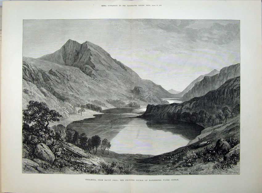 Old Antique Print 1878 Thirlmere Raven Crag Manchester Water Supply Art 19th