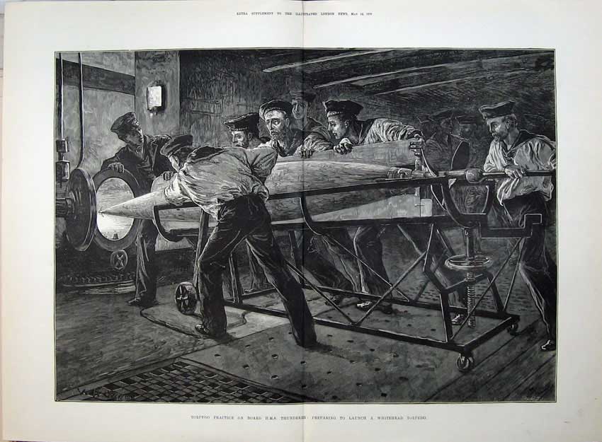 Old Antique Print 1878 Torpedo Practice Ship Thunderer Whitehead Launch 19th