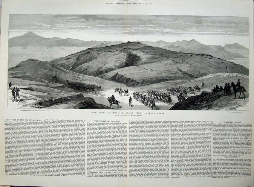 Old Antique Print 1878 War Lines Boulair Army Mountains Horses Sea Ships 19th
