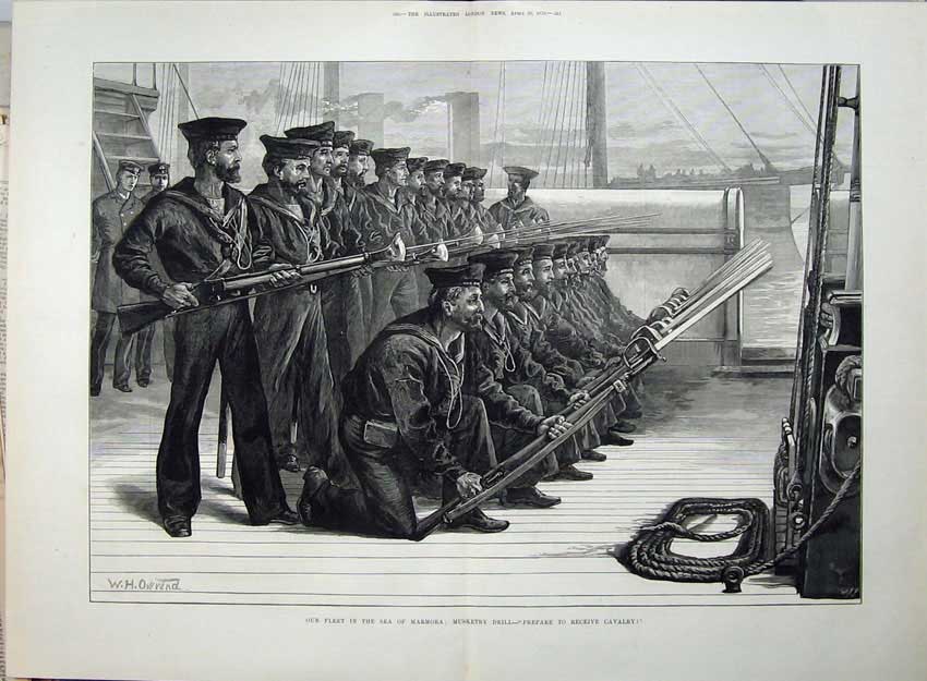 Old Antique Print 1878 Ship Sea Marmora Musketry Drill War Army Sailors 19th
