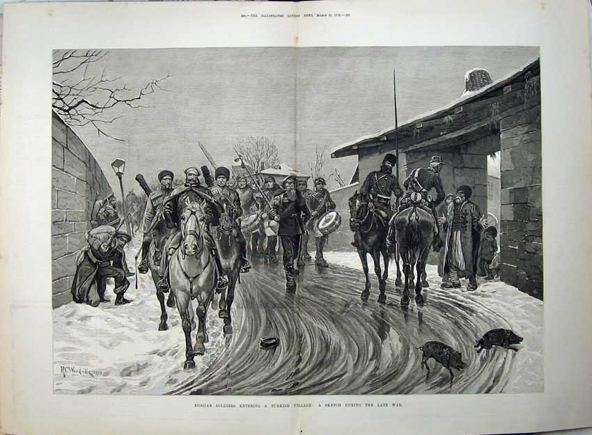 Old Antique Print 1878 Russian Siers Turkish Village War Army Fine Art 19th
