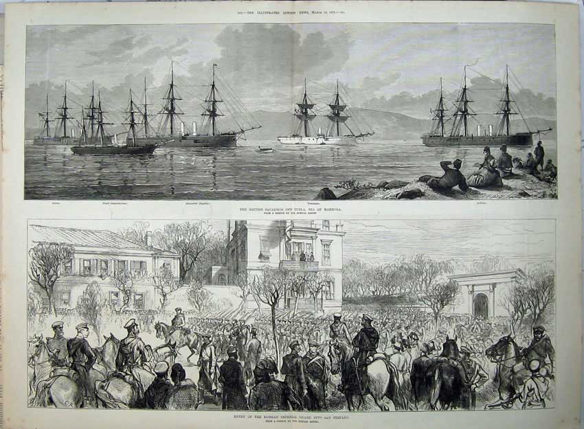 Antique Old Print 1878 British Ship Marmora Russian Guard San Stefano War 19th