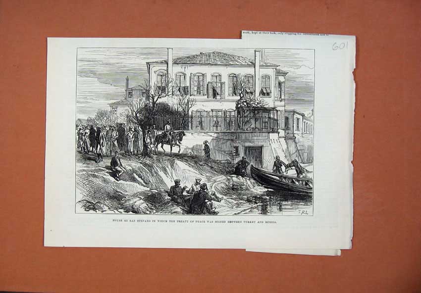 Original Old Antique Print 1878 House San Stefano Treaty Peace Turkey Russia