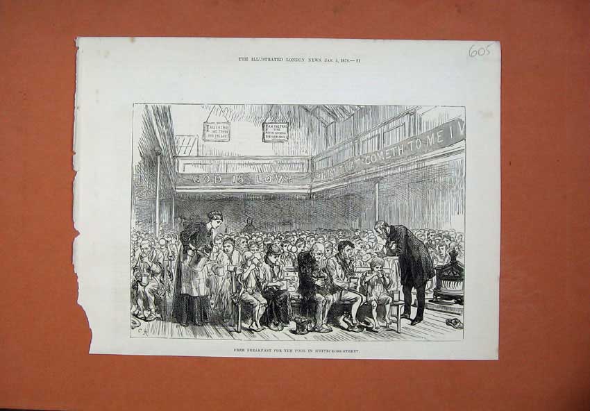 Original Old Antique Print 1878 Free Breakfast Poor Whitecross Street Food 19th
