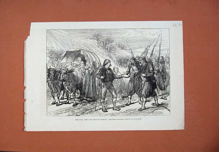Original Old Antique Print 1878 War Plevna Siers Begging Bread Peasants Army