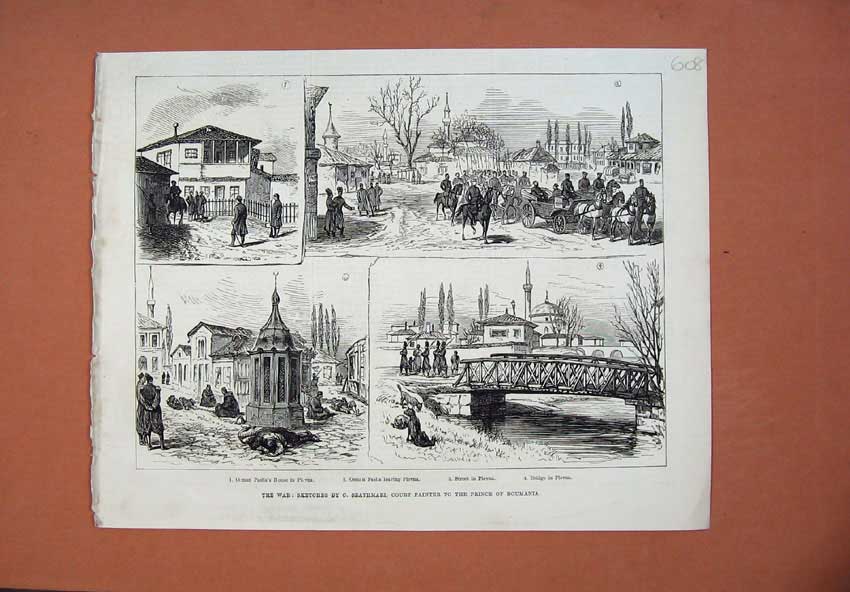 Old Antique Print 1878 War Plevna Osman Pasha House Bridge War Sketches 19th
