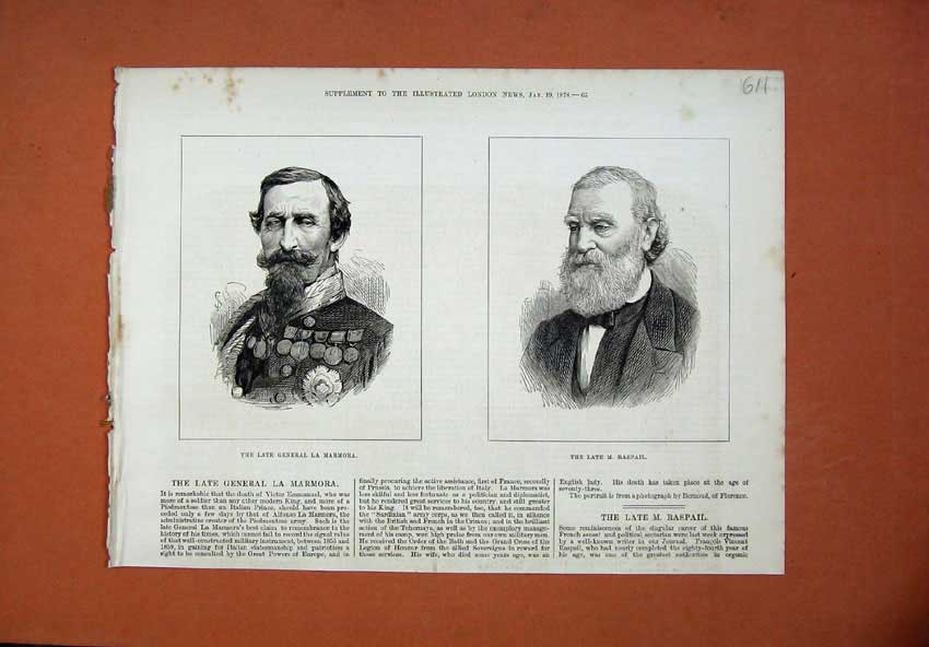 Original Old Antique Print 1878 Portrait General Marmora Raspail War Men 19th