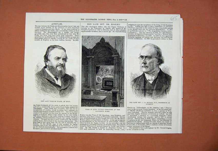 Original Old Antique Print 1878 Tomb King Emmanuel Evans Eton Mozley Professor