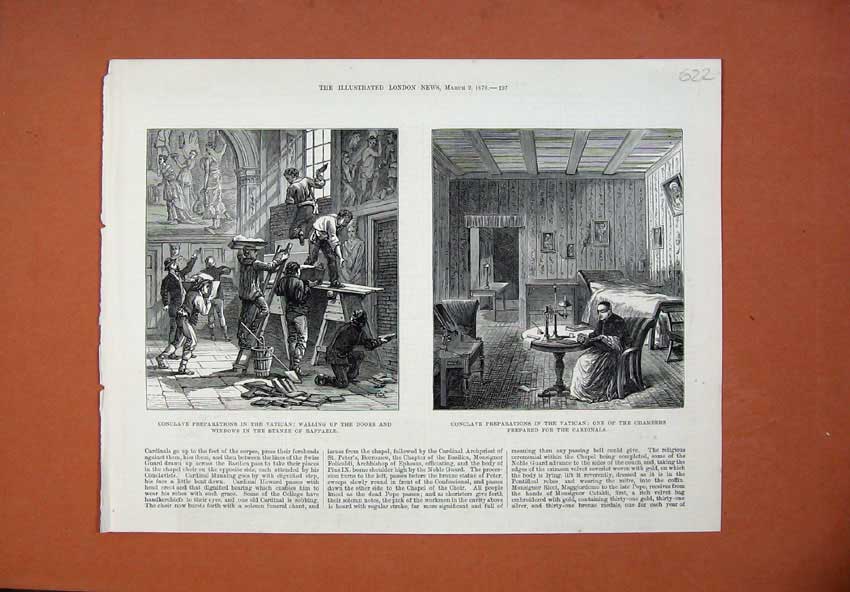 Original Old Antique Print 1878 Vatican Stanze Raffaele Chambers Cardinals 19th