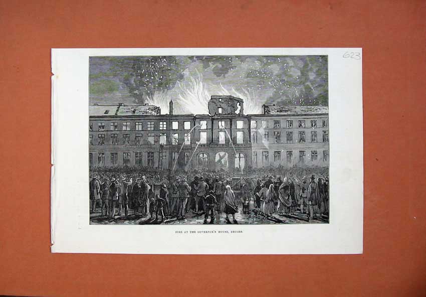 Original Old Antique Print 1878 Scene Fire Governor'S House Bruges Fire-Men Art