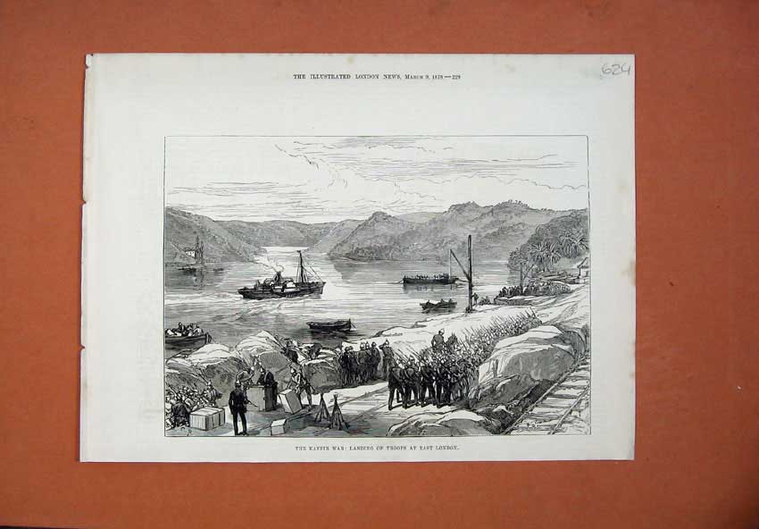 Original Old Antique Print 1878 Kaffir War Landing Toops London Ship Siers Army