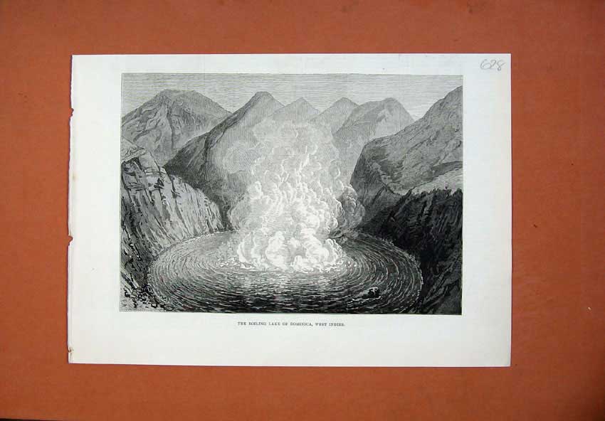 Old Antique Print 1878 View Boiling Lake Dominico West Indies Mountains 19th