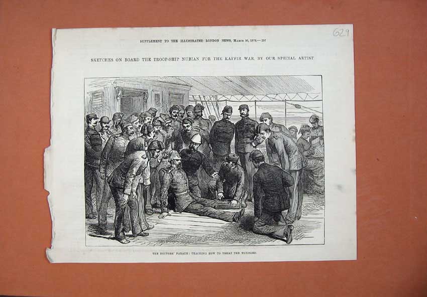 Old Antique Print 18778 Doctor Teaching Wounded Army Ship Kaffir War Art 19th