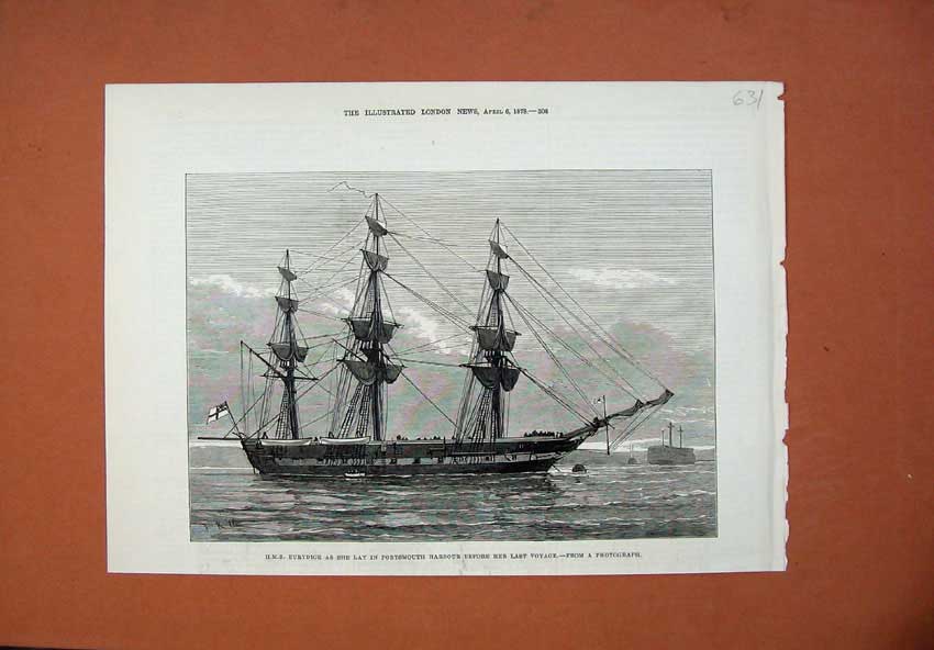 Original Old Antique Print 1878 Ship H.M.S Eurydice Portsmouth Harbour Fine Art