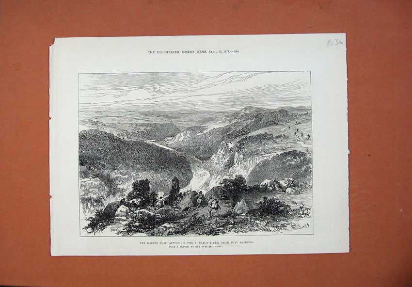 Old Antique Print Kaffir War 1878 Action Buffalo River Fort Jackson Hills 19th
