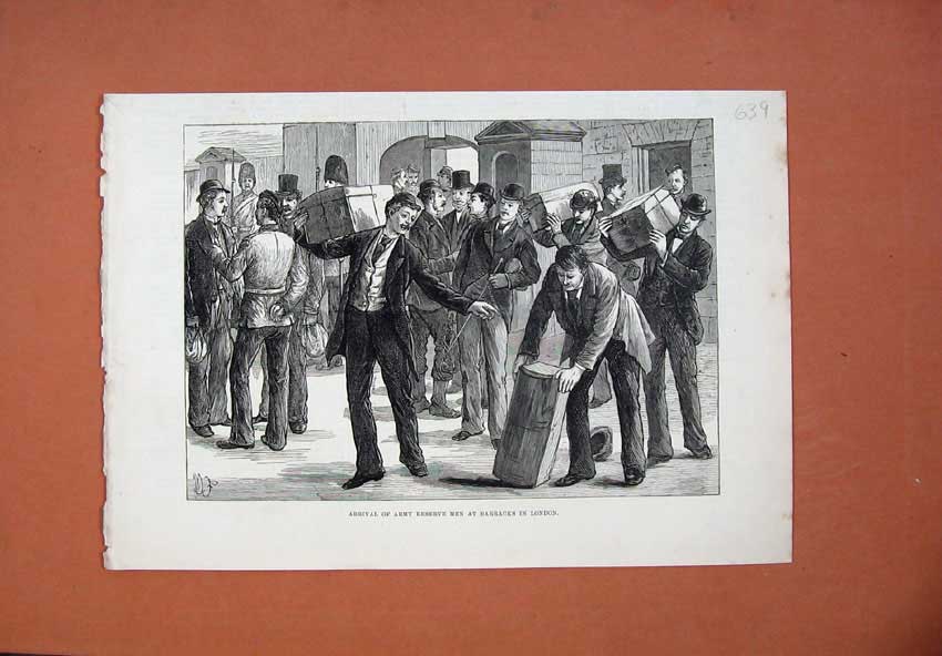 Original Old Antique Print 1878 Arrival Army Reserve Men Barracks London War Ta
