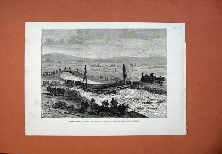 Original Old Antique Print Railway Bridge Great Eastern Line Waltham River 1878