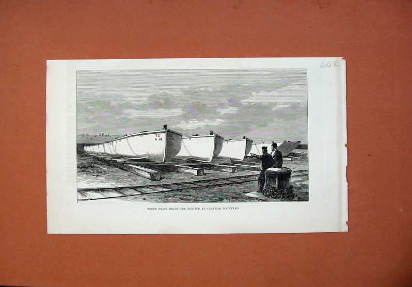 Original Old Antique Print 1878 Troop Boats Chatham Dockyard Men War Victorian
