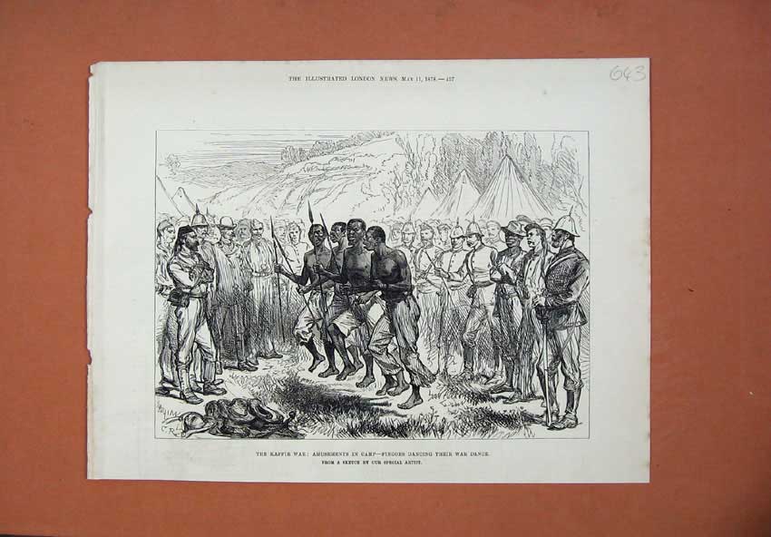 Old Antique Print 1878 Kaffir War Amusements Camp Fingoes Dancing Dance 19th