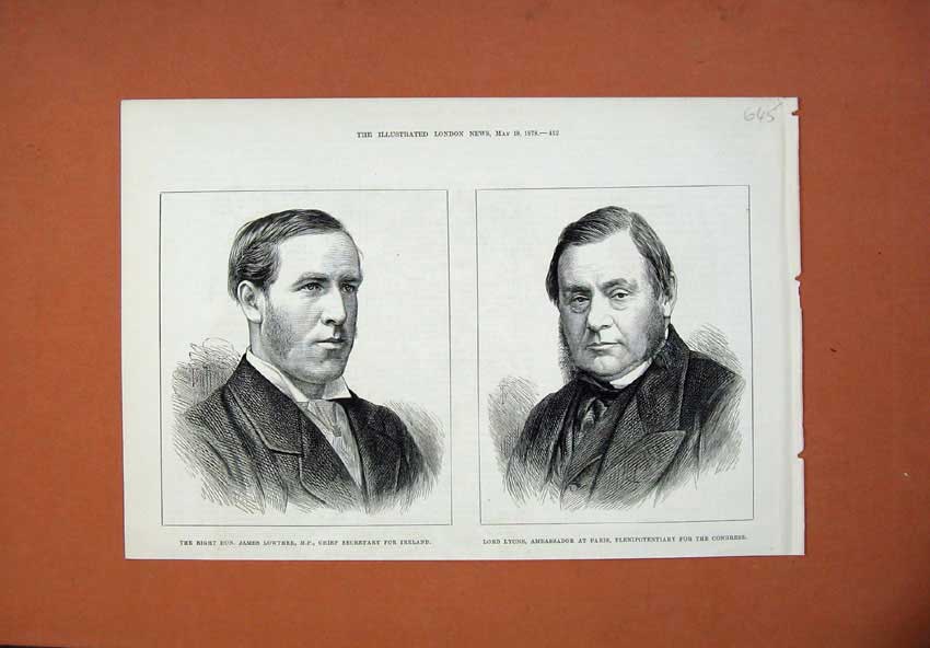 Old Antique Print 1878 James Lowther Secretary Ireland Lord Lyons Paris 19th