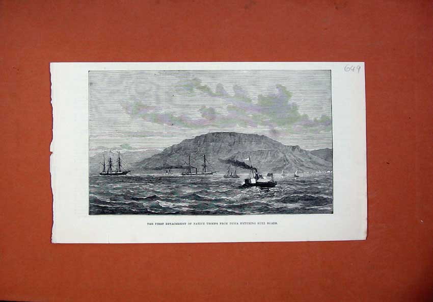 Old Antique Print 1878 Detachment Native Troops India Entering Suez Roads 19th