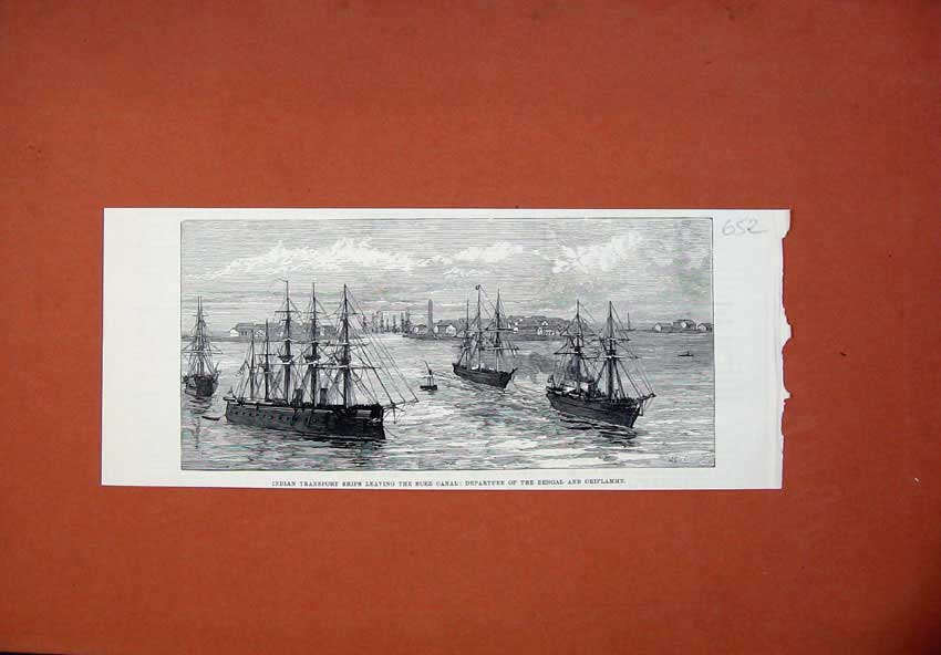 Old Antique Print 1878 Indian Transport Ships Suez Canal Bengal Oriflamme 19th