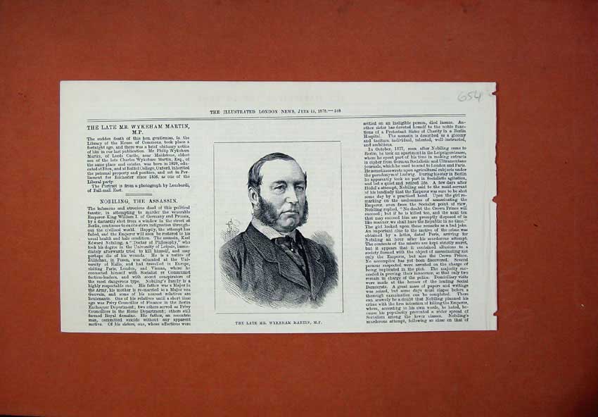 Original Old Antique Print 1878 Portrait Mr Wykeham Martin House Commons 19th