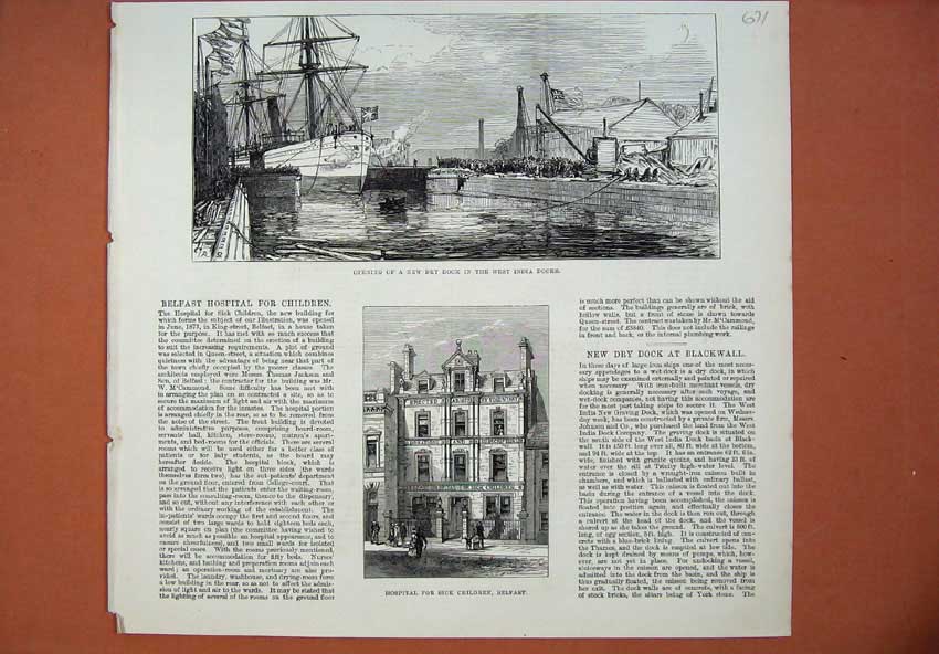 Old Antique Print 1878 Hospital Sick Children Belfast Dry Dock West India 19th