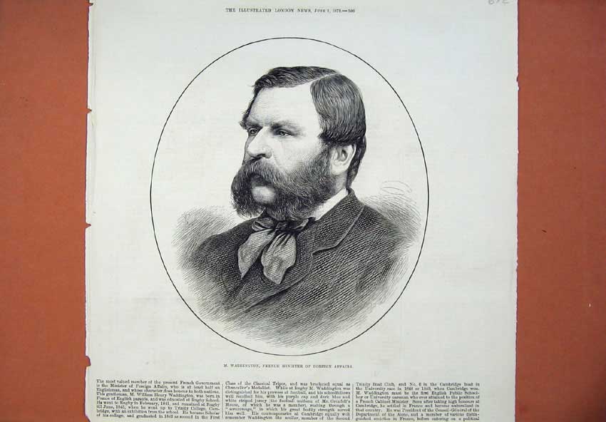 Original Old Antique Print 1878 Waddington French Minister Foreign Affairs Man