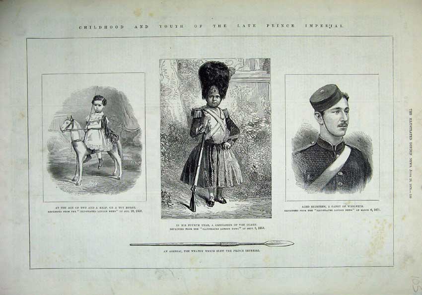 Old Antique Print 1879 Prince Imperial Toy Horse Child Cadet Woolwich Man 19th