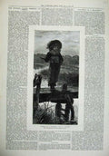 Original Old Antique Print 1879 Fine Art Little Boy Fishing River Pier Dudley
