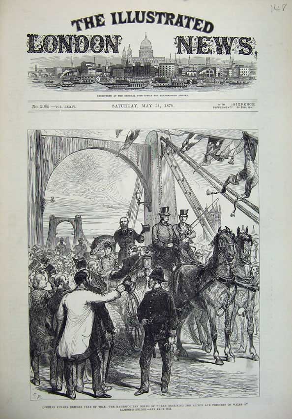 Old Antique Print 1879 Thames Bridge Prince Wales Lambeth Horse Carriage 19th
