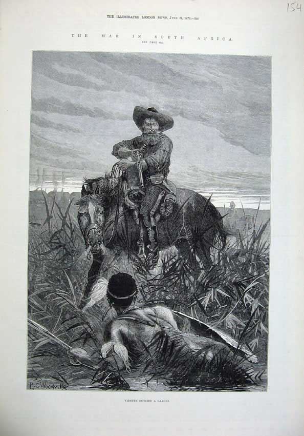 Old Antique Print 1879 War South Africa Vidette Laager Man Horse Shooting 19th