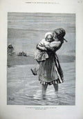 Old Antique Print 1879 Little Girls Children Playing Beach Scheveningen 19th